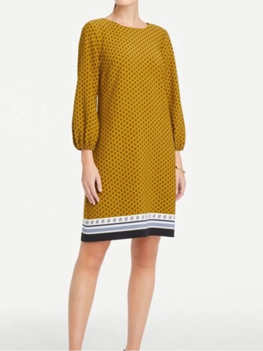 Ann Taylor Mustard Dot Border Shift Dress